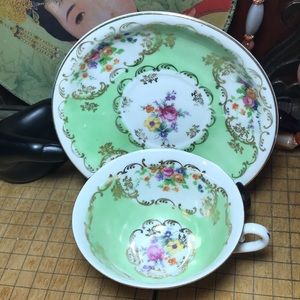 Dresden Fine Art Cup Saucer Set Pastel Mint Green Mixed Floral Bouquet Fold Trim
